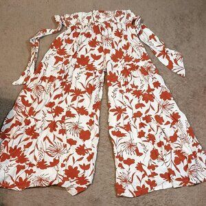 HYFVE Pants Womens M Rust Cream Floral Wide Leg Smocked Waist Tie Belt Cottageco